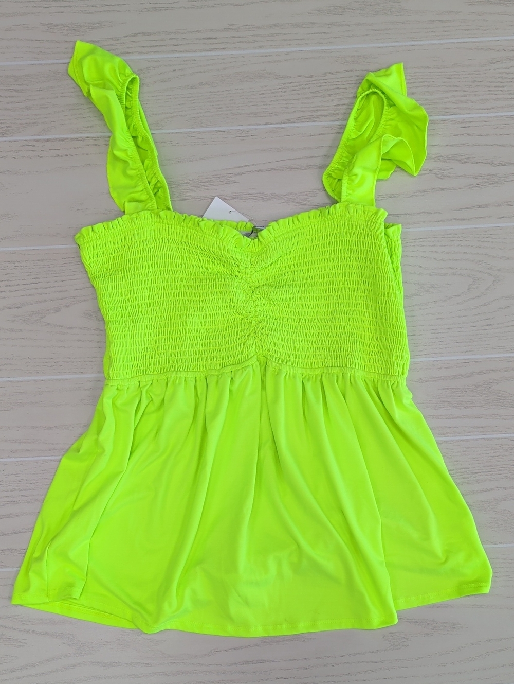 white birch 1X  Neon Lime Ruffle Strap Smocked Tank Top